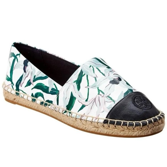 $228 Tory Burch Colorblock Floral Print Leather Round Toe Espadrille Flats sz 6 - Picture 1 of 12